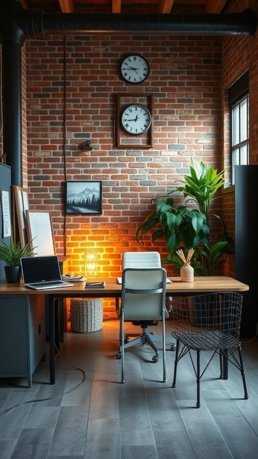 17 Inspiring Home Office Ideas for Men 4 A stylish industrial chic home office with exposed brick walls, wooden beams, and modern furniture.