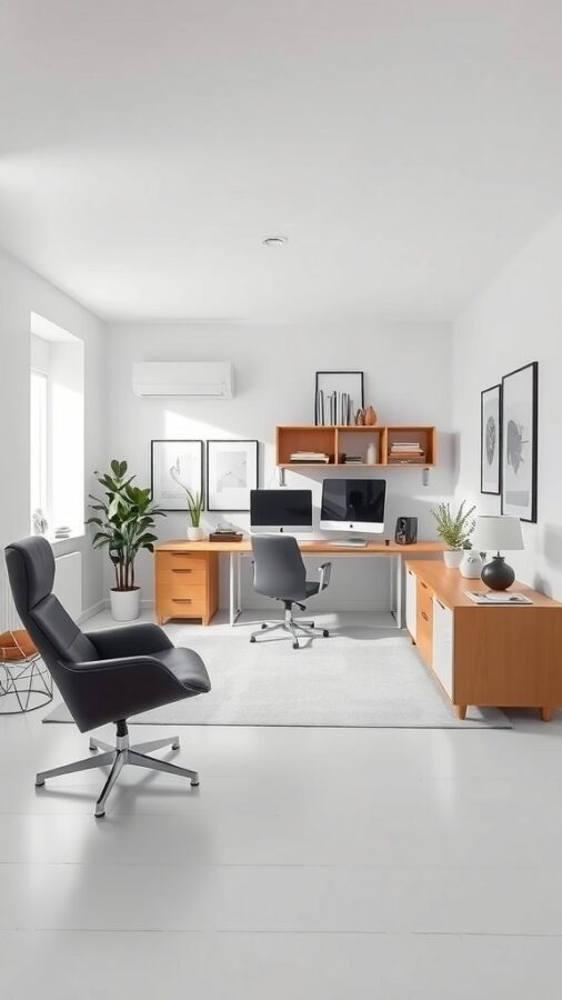A minimalist monochrome home office with a black chair, light walls, and organized desk.