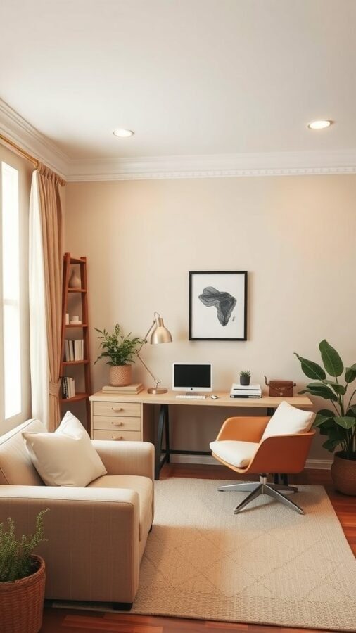 A cozy home office featuring warm neutral walls, a comfortable couch, an orange chair, a wooden desk, and plants.