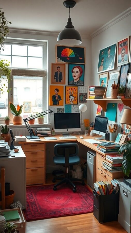 17 Inspiring Home Office Ideas for Men 9 A cozy home office featuring two computers, colorful artwork, wooden furniture, and plants.