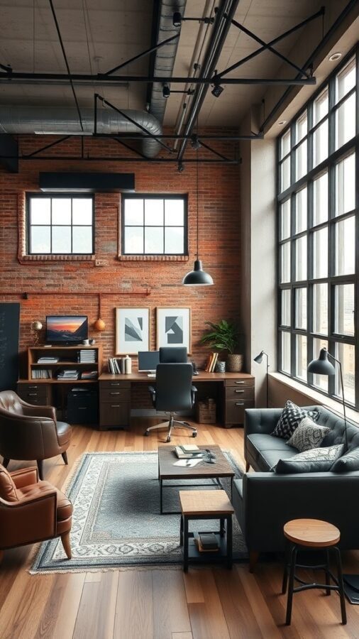 A masculine home office featuring an urban loft aesthetic with exposed brick walls, large windows, and modern furniture.