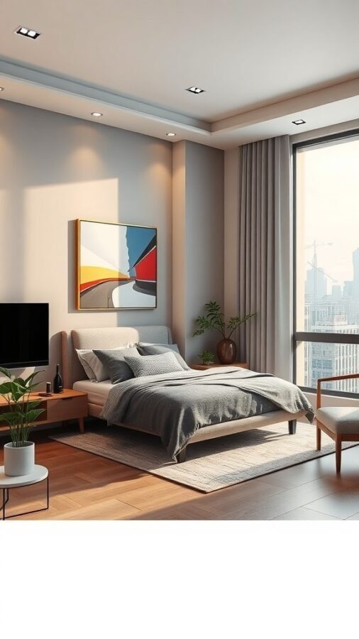 A modern urban apartment bedroom featuring a neutral color palette, large window, and stylish furniture.