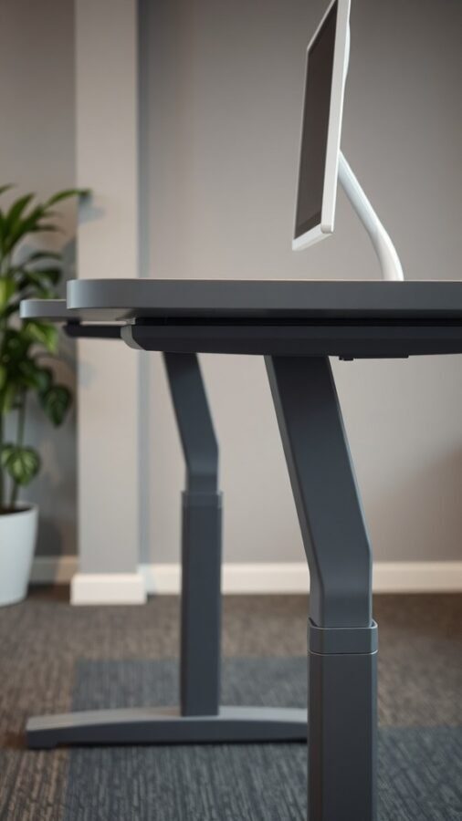 A modern adjustable height standing desk with a sleek design and a computer monitor on it.