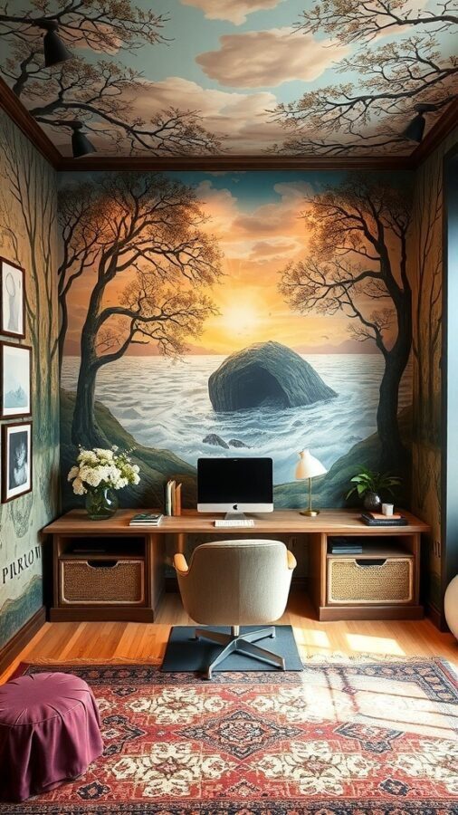 A home office with a custom mural of a coastal scene, featuring trees and a sunset.
