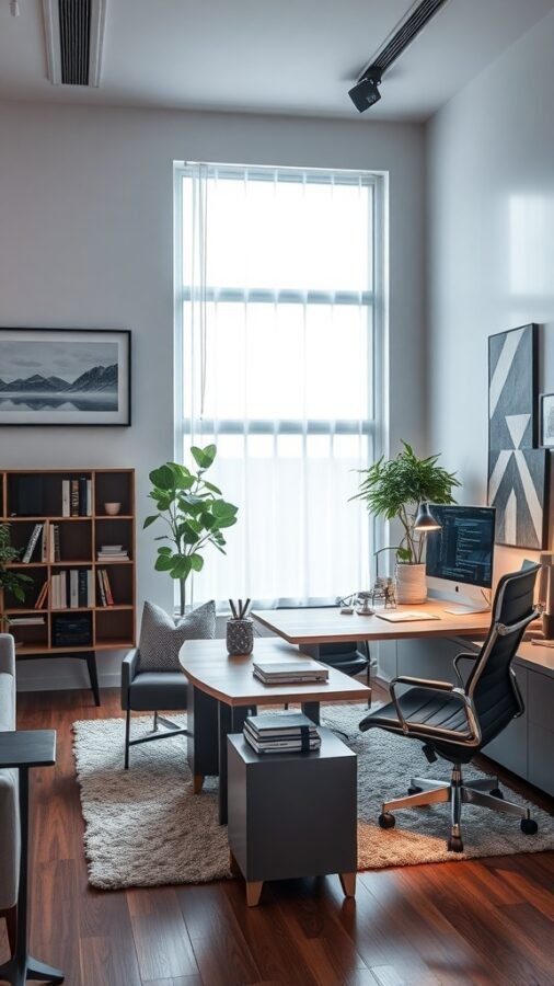 A modern home office with a sleek desk, ergonomic chair, plants, and natural light.