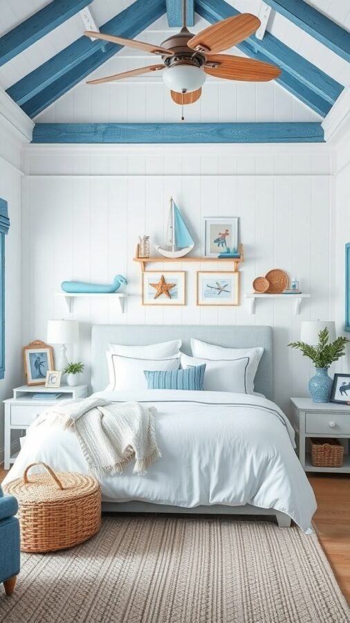 A coastal-themed bedroom featuring white bedding, blue accents, and nautical decor.