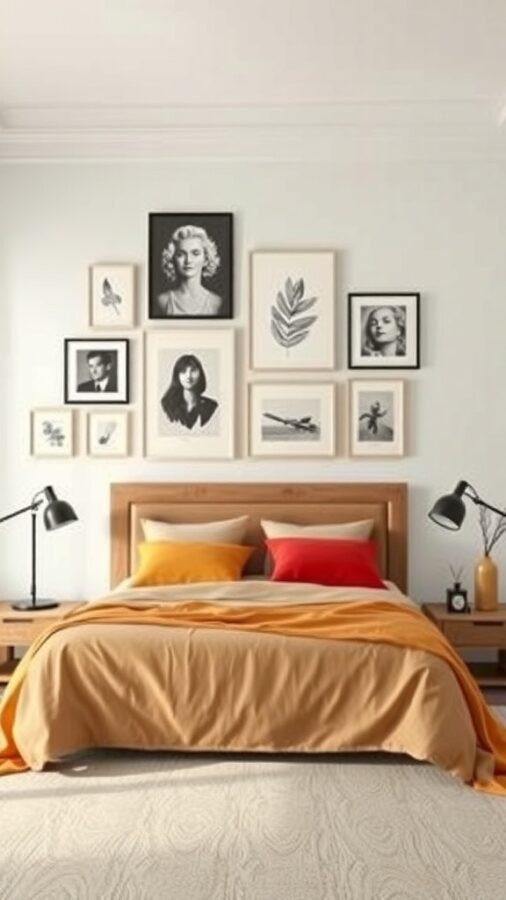 A bedroom featuring a gallery wall with framed art above the bed, showcasing a mix of black-and-white portraits and botanical prints.