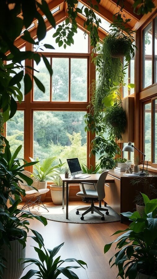 17 Inspiring Home Office Ideas for Men 12 A bright home office filled with plants and natural light, featuring a wooden desk and a comfortable chair.