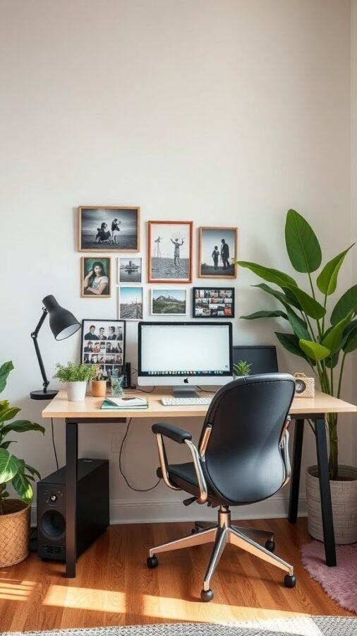 A well-organized home office with a desk, chair, computer, framed photos on the wall, and plants.