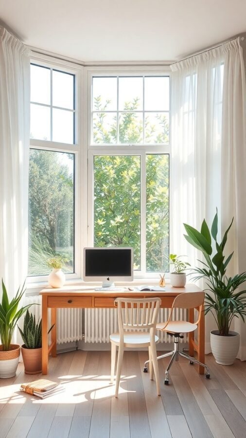 12 Stylish Home Office Ideas for Women 9 Bright and airy home office with a wooden desk, computer, and plants by large windows