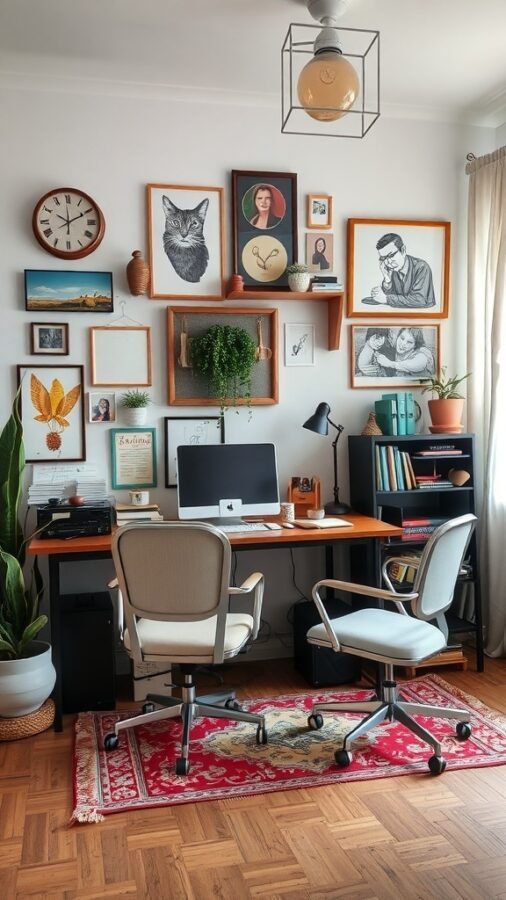 A cozy home office featuring eclectic decor with framed art, a wooden desk, modern chairs, and plants.