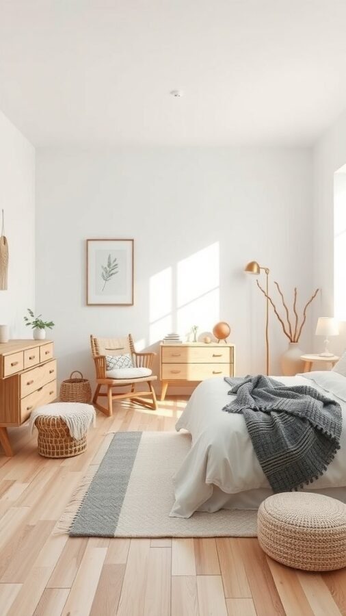A minimalist Scandinavian bedroom featuring light wood furniture, a cozy blanket on the bed, and natural light streaming in.