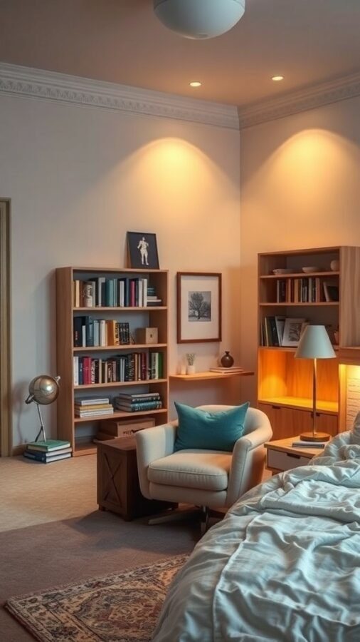Cozy reading nook with a comfortable chair, bookshelves, and warm lighting.