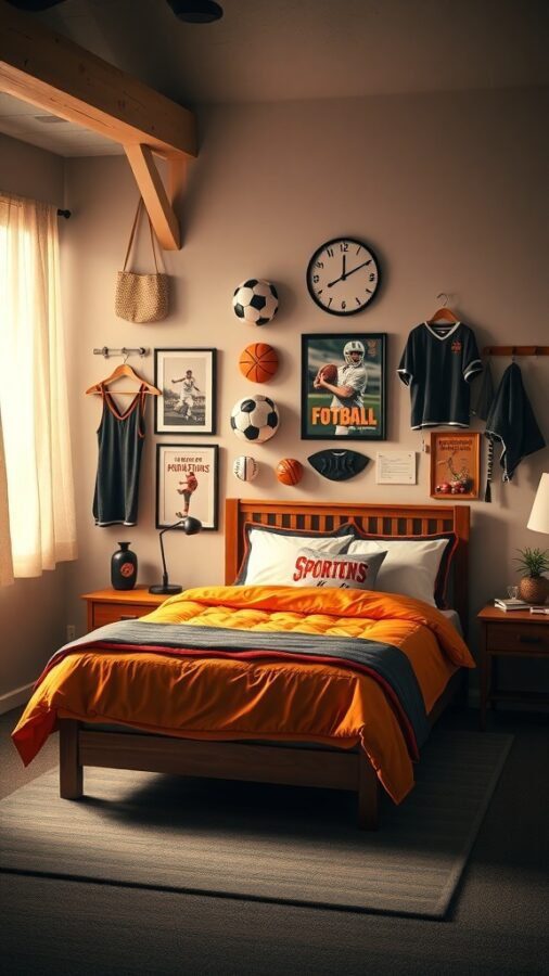 A sporty bedroom featuring orange bedding, sports memorabilia, and a cozy atmosphere.