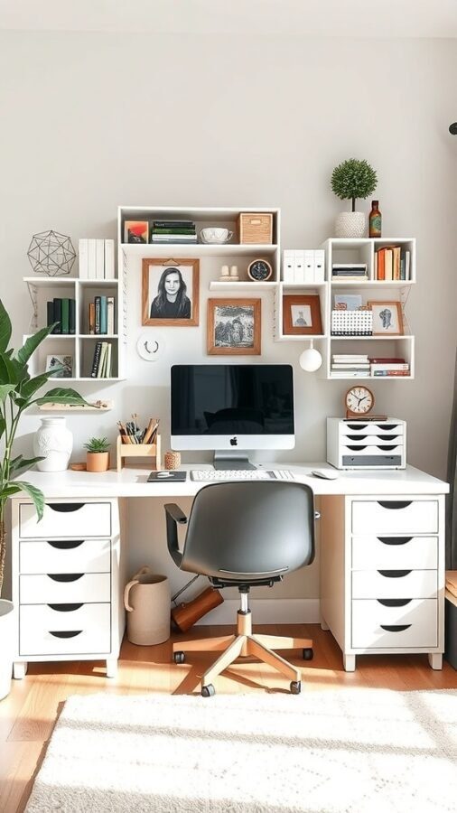 A well-organized home office desk with storage solutions, including shelves and drawers.