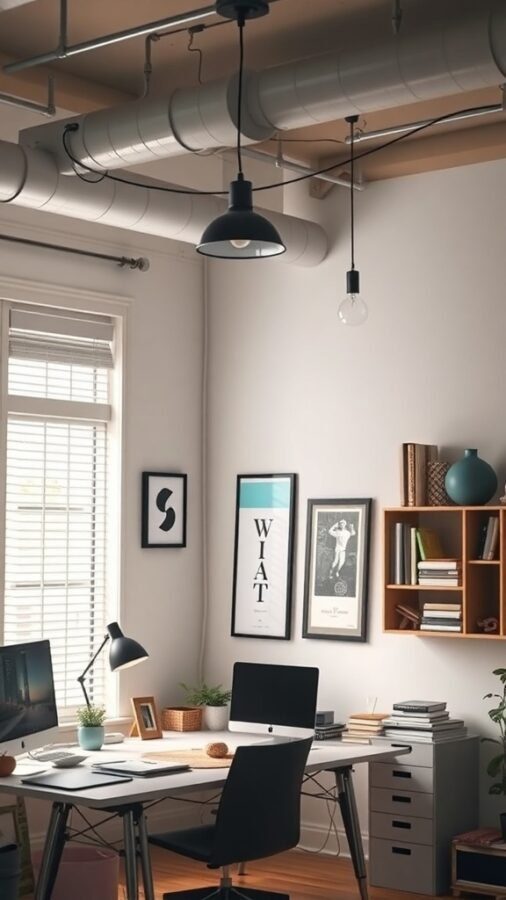 A stylish home office with layered lighting, featuring a desk lamp, pendant lights, and natural light from a window.