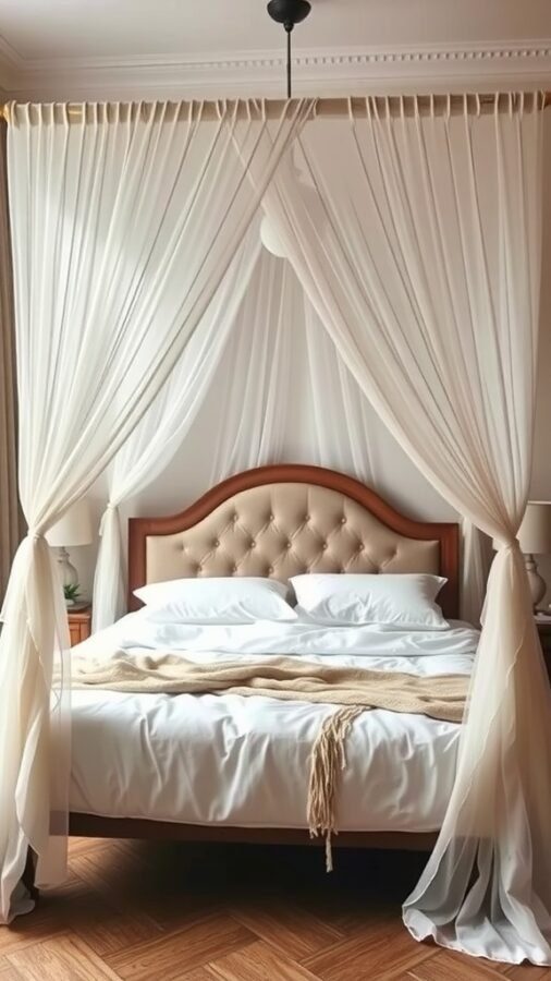 A cozy bedroom featuring a canopy bed with soft drapes and warm bedding.