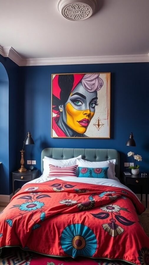 A bedroom with deep blue walls, vibrant red bedding, and colorful artwork.