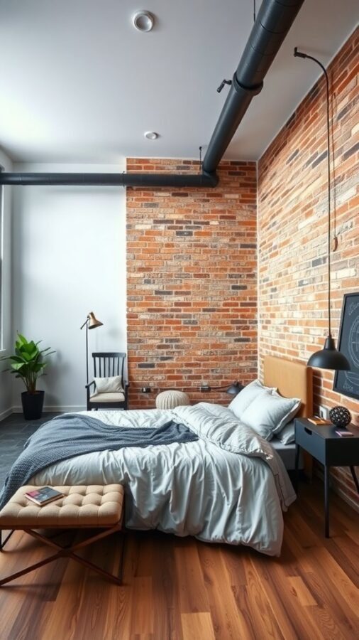 A modern industrial loft bedroom featuring a brick wall, cozy bed, and stylish decor.