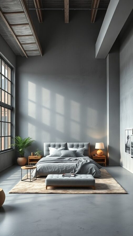 A spacious urban loft bedroom with grey walls, large windows, and cozy furnishings.