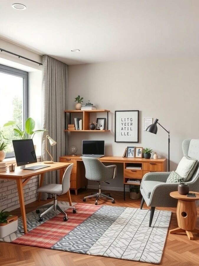 A modern home office with two desks, ergonomic chairs, and a cozy reading nook.