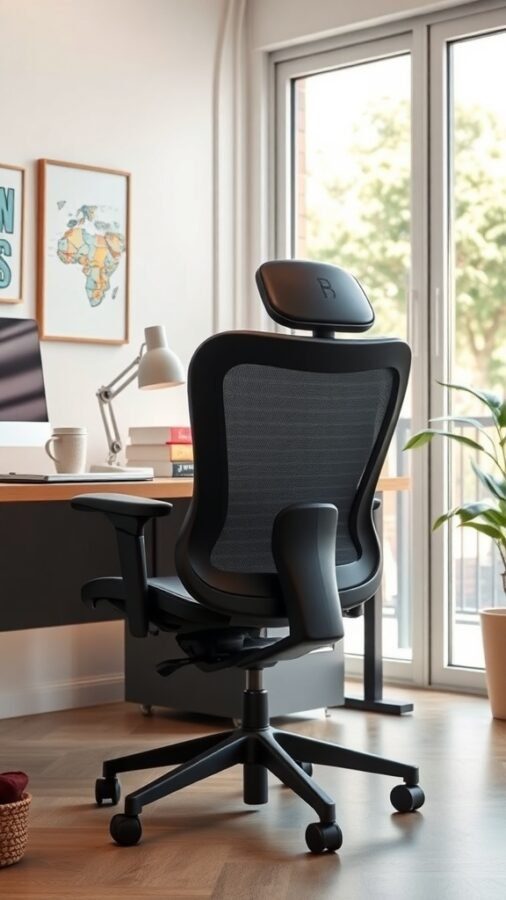 13 Essential Tips for an Organized Home Office 11 A modern ergonomic office chair in a well-lit home office setting.