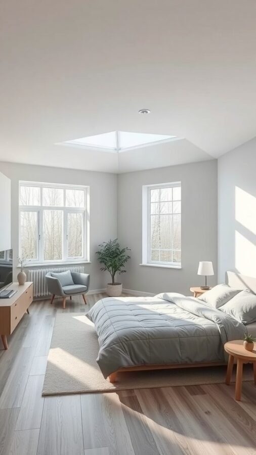 A sleek modern bedroom featuring grey tones, large windows, and minimalist furniture.