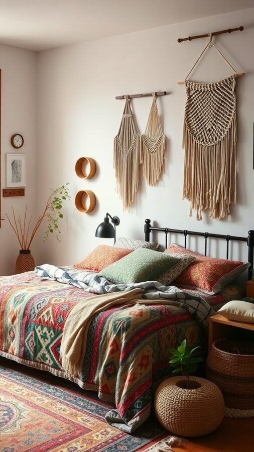 A cozy bedroom featuring a patterned blanket, macramé wall hangings, and earthy decor.