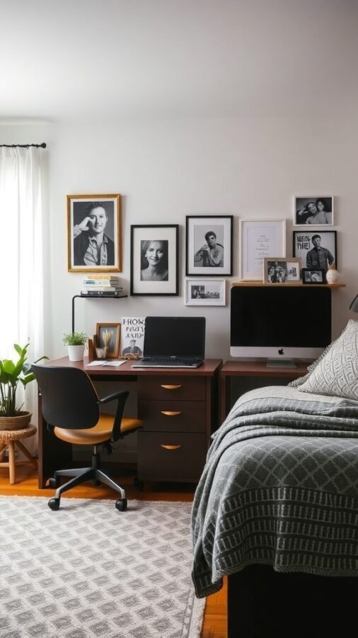 17 Stylish Home Office Guest Room Combos for Ultimate Efficiency 9 A cozy home office guest room combo with framed photos, a desk, and a bed.