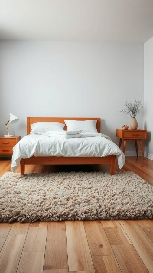 A cozy bedroom featuring a soft area rug under a wooden bed and nightstand.
