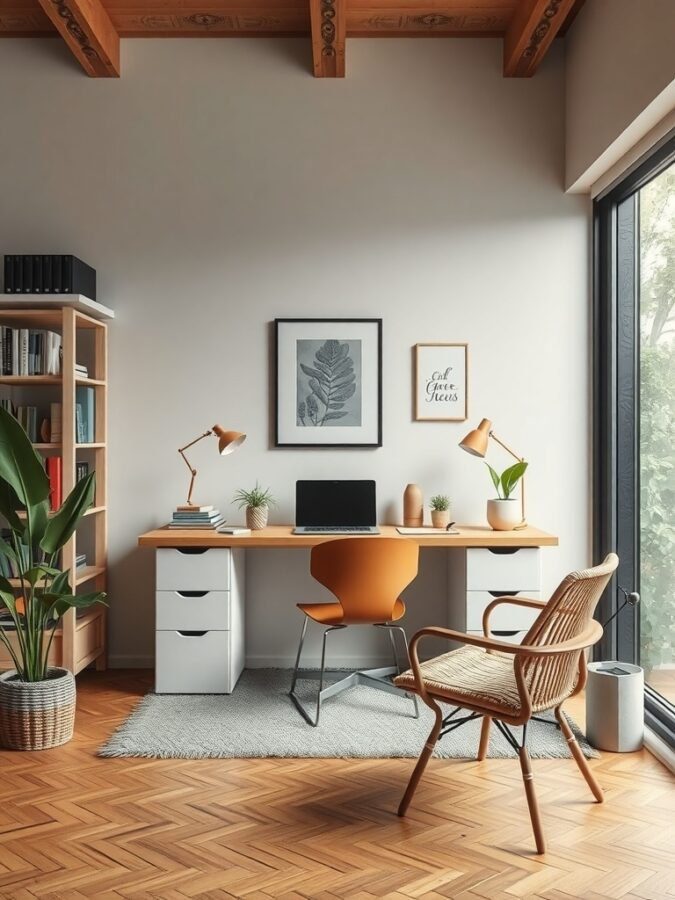 A modern home office featuring sustainable materials, with a wooden desk, woven chair, and plants.
