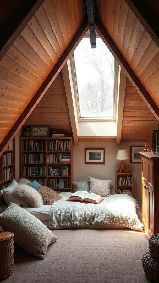 Cozy attic reading nook with skylights, bookshelves, and soft pillows.