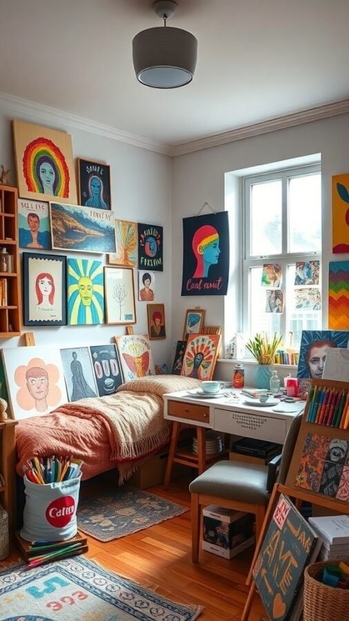 A cozy artistic studio filled with colorful artwork, art supplies, and a comfortable seating area.