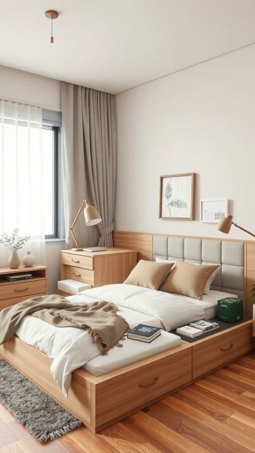 A cozy bedroom featuring a wooden bed with storage drawers, bedside tables, and soft curtains.