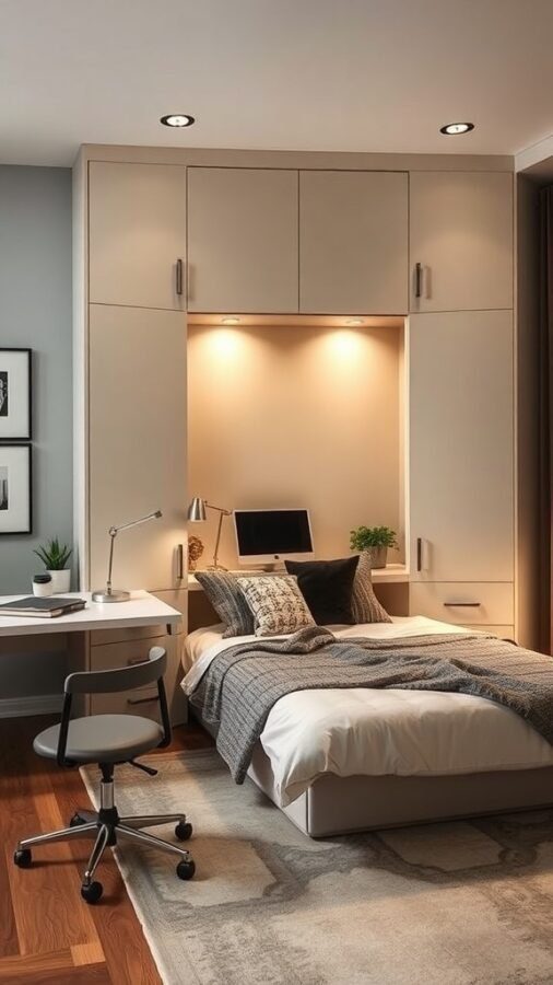 17 Stylish Home Office Guest Room Combos for Ultimate Efficiency 1 A modern home office with a Murphy bed design, featuring a desk, chair, and cozy bedding.