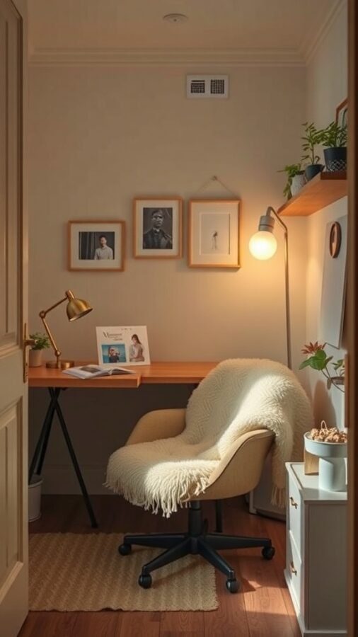 A cozy home office nook featuring a wooden desk, a plush chair with a throw, and warm lighting.