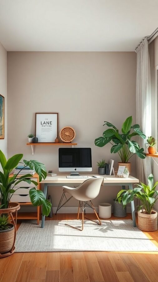 A cozy home office featuring earthy tones, a desk with a computer, and various green plants.