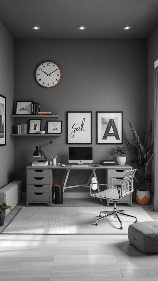 A modern home office with gray walls, a stylish desk, and contemporary decor.