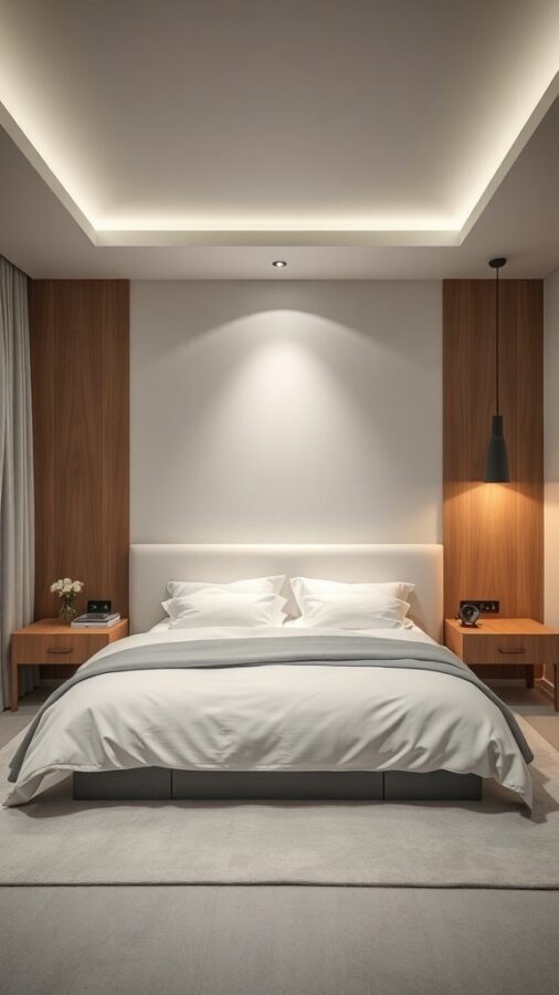 A modern bedroom with smart technology features, including ambient lighting and sleek furniture.