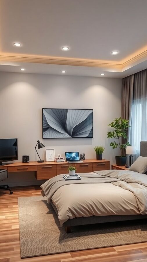 A modern bedroom with a cozy bed, a workspace featuring a computer, and stylish decor.