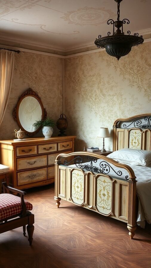 A vintage-inspired bedroom featuring a wooden bed with intricate designs, a matching dresser, and a vintage mirror, all set against elegant wallpaper.
