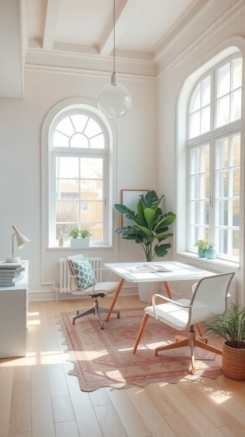 A bright home office with large windows, light walls, a simple desk, and plants.