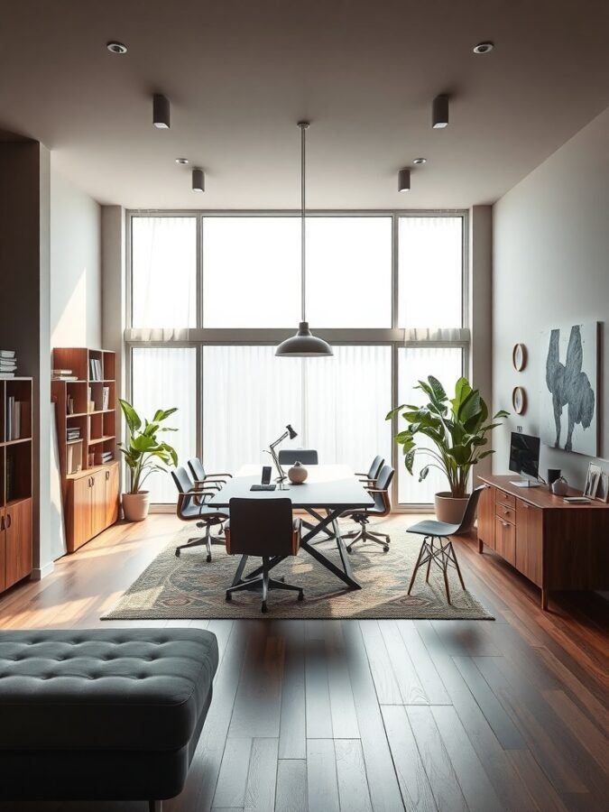 A modern home office with a large table, comfortable chairs, bookshelves, and plants, designed for collaboration.
