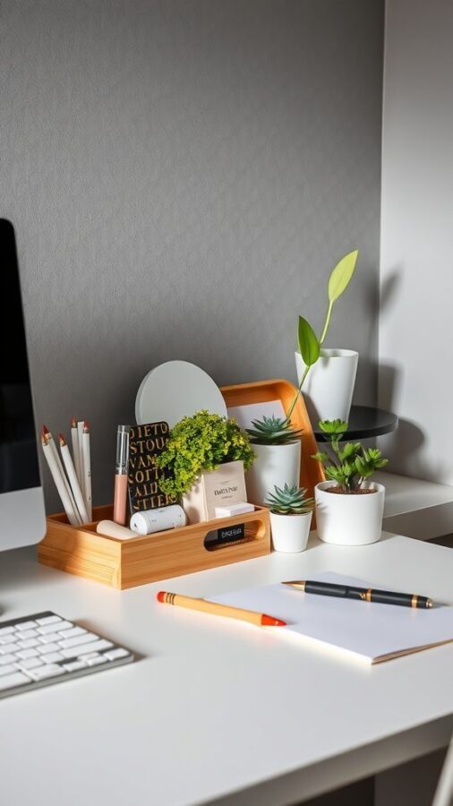 A stylish desk organizer with plants, pens, and a notepad on a clean desk.