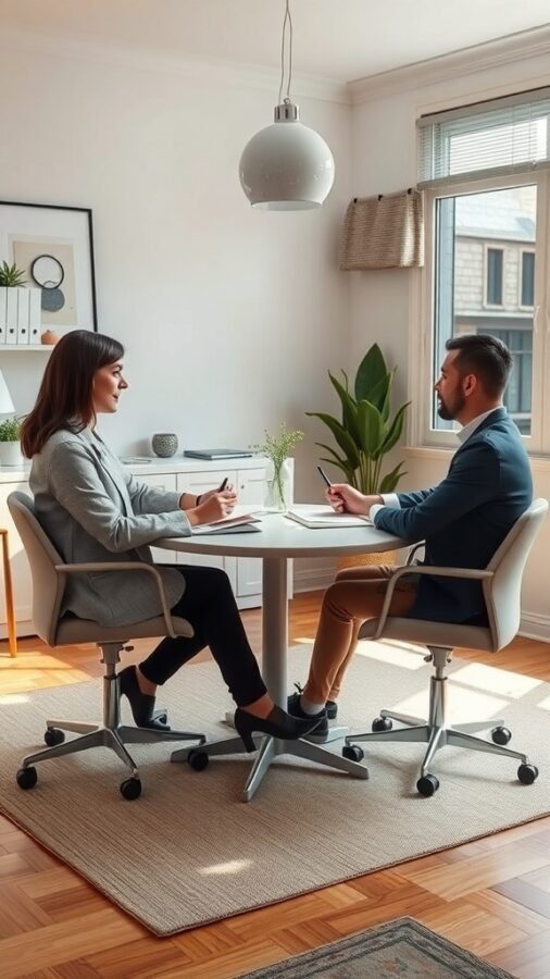 Two professionals in a collaborative meeting space discussing ideas at a round table.