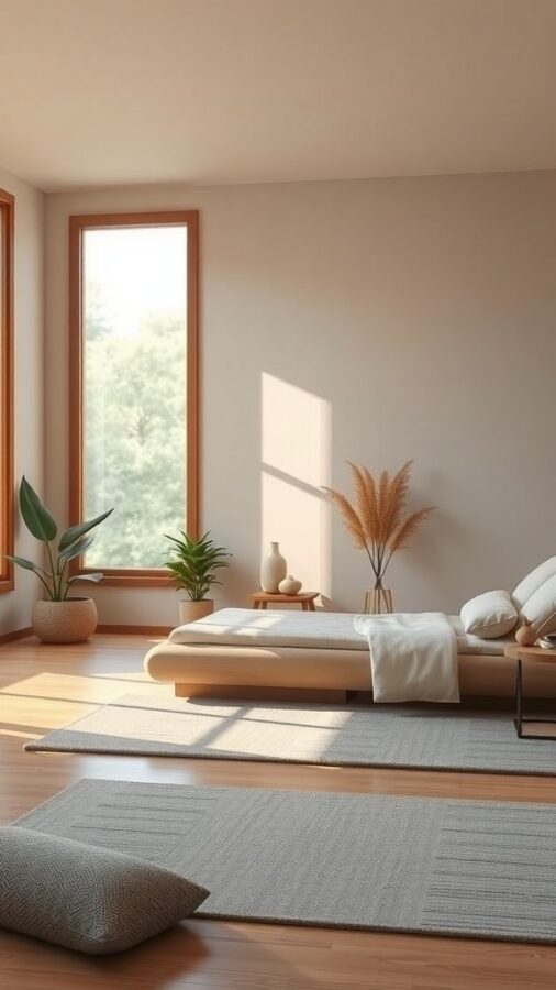 A serene bedroom with large windows, wooden accents, and plants, creating a tranquil zen space.