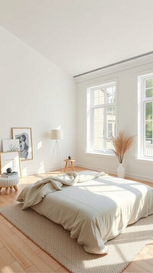 A serene minimalist bedroom featuring large windows, a neutral color palette, and simple decor.
