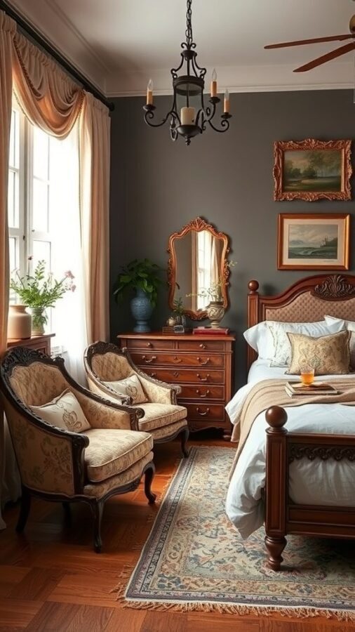 A vintage-style bedroom featuring a wooden bed, elegant chairs, and warm curtains.
