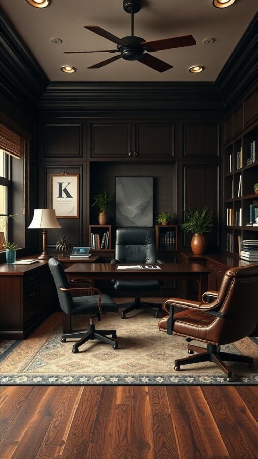 17 Inspiring Home Office Ideas for Men 5 A stylish home office featuring dark wood paneling, a large desk, leather and black office chairs, bookshelves, and plants.
