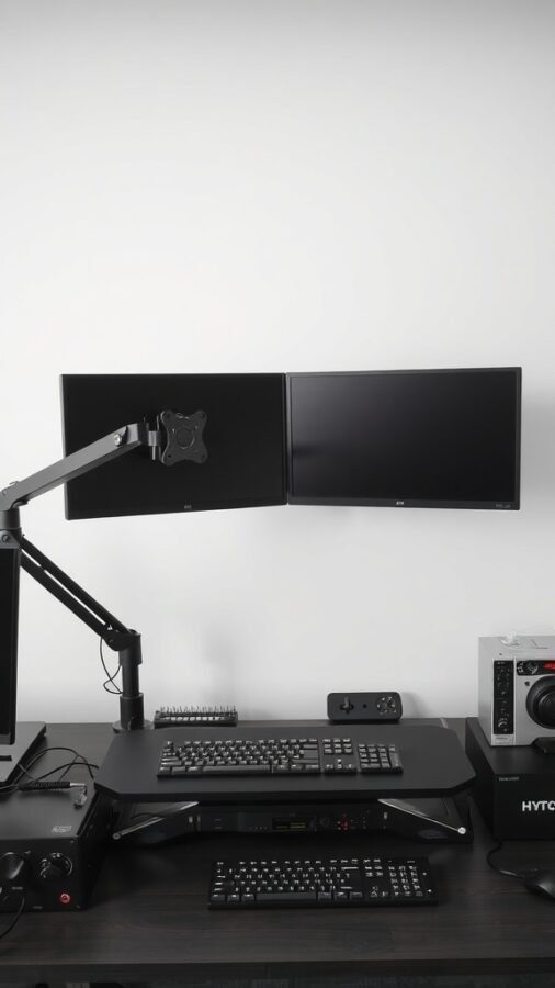 A dual monitor setup with adjustable arms, a keyboard tray, and organized cables on a sleek desk.